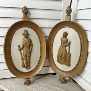 Vintage 1960 Syroco Wall Plaques Pilgrim Man Woman Colonial Figures‎ 4777A/B USA